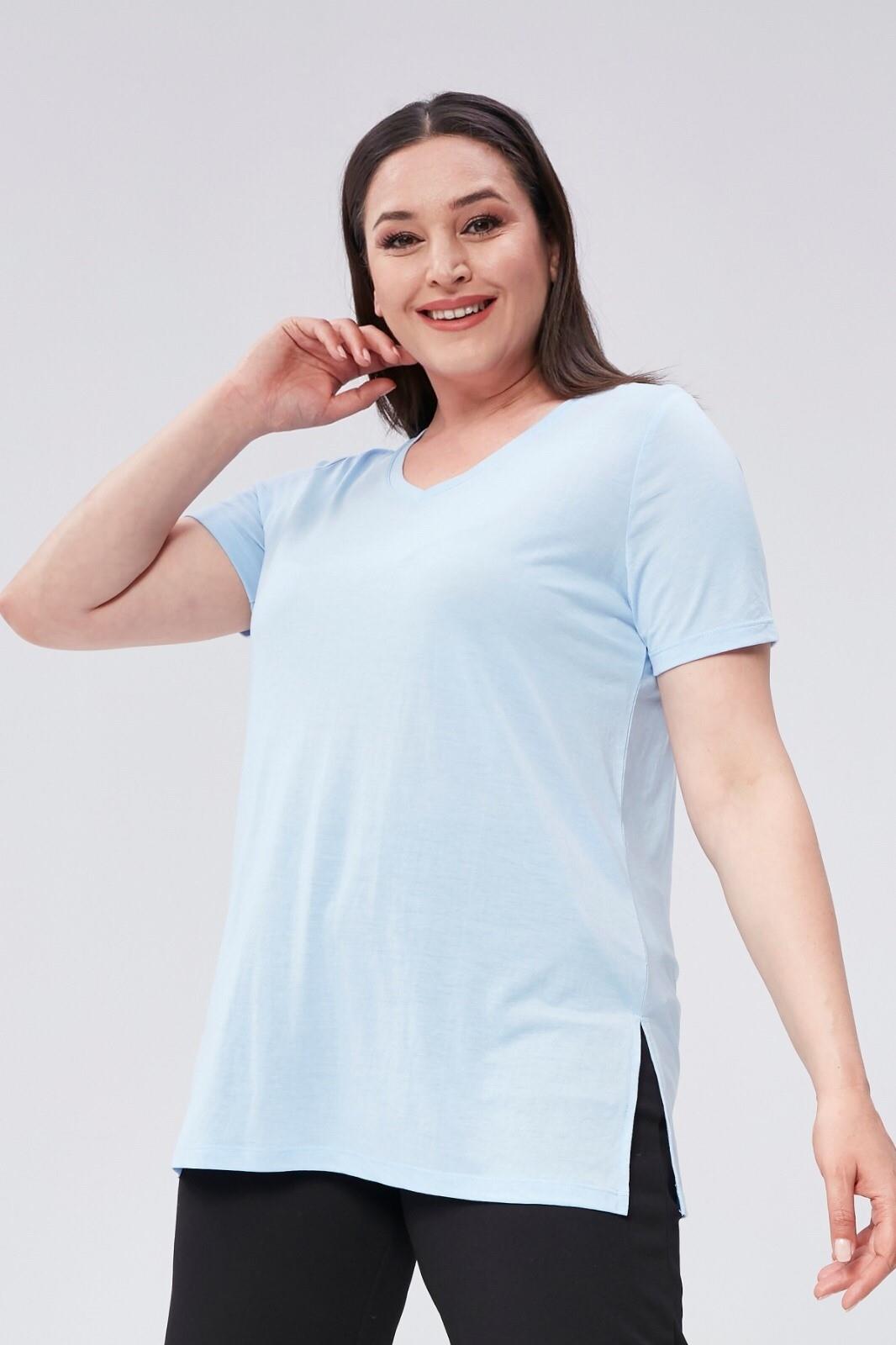 Büyük Beden V Yaka Yırtmaçlı Pamuk Basic Tshirt-MAVİ