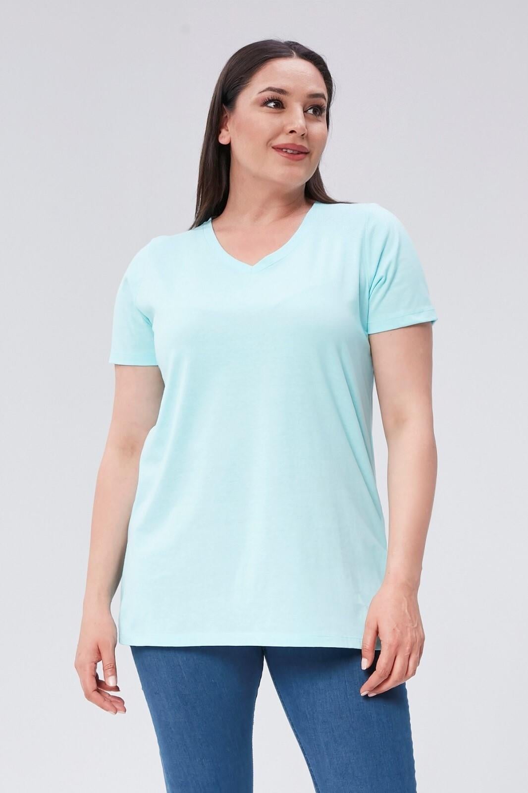 Büyük Beden V Yaka Yırtmaçlı Pamuk Basic Tshirt-AÇIK TURKUAZ