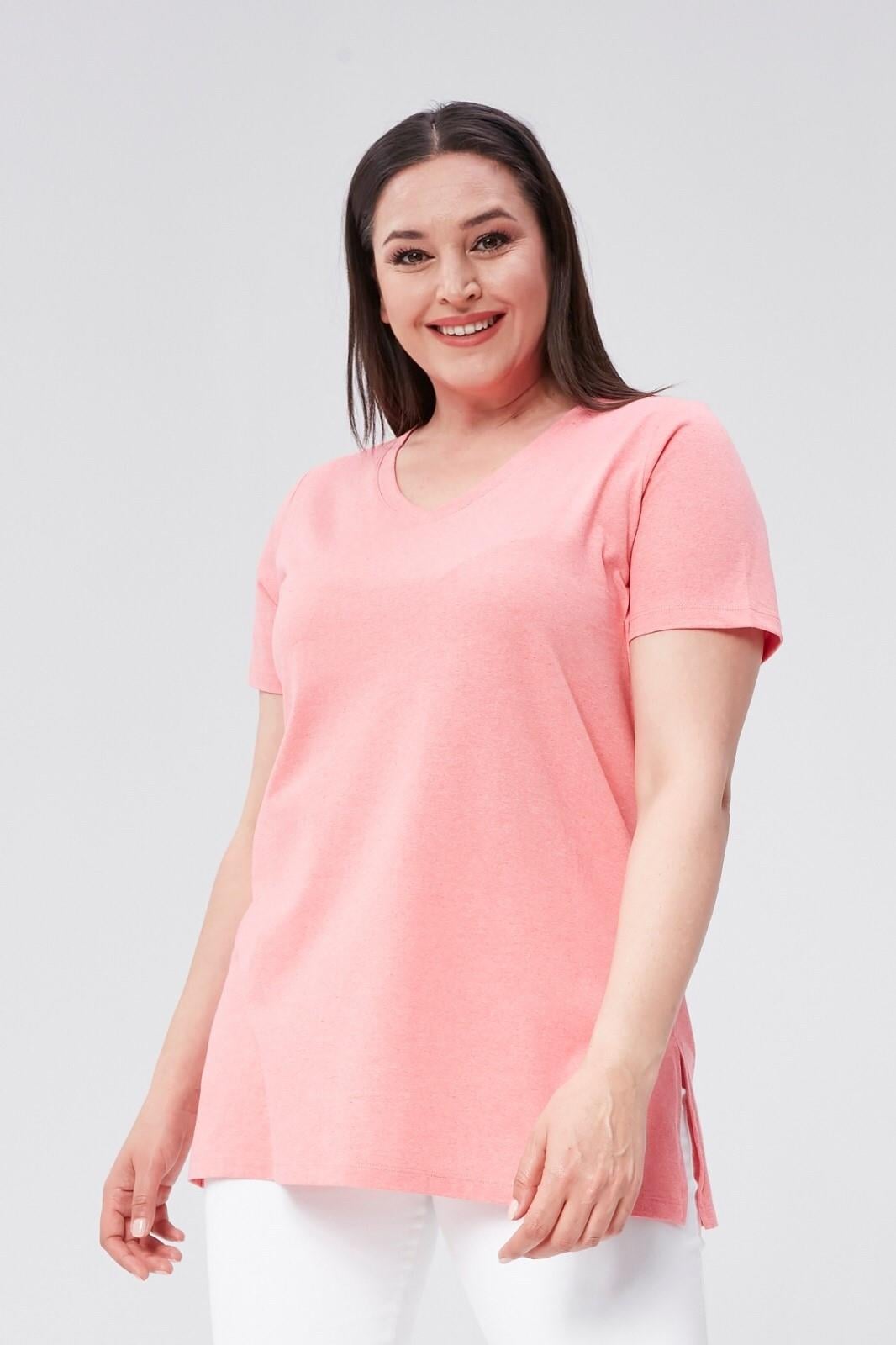 Büyük Beden V Yaka Yırtmaçlı Pamuk Basic Tshirt-NİL YEŞİLİ