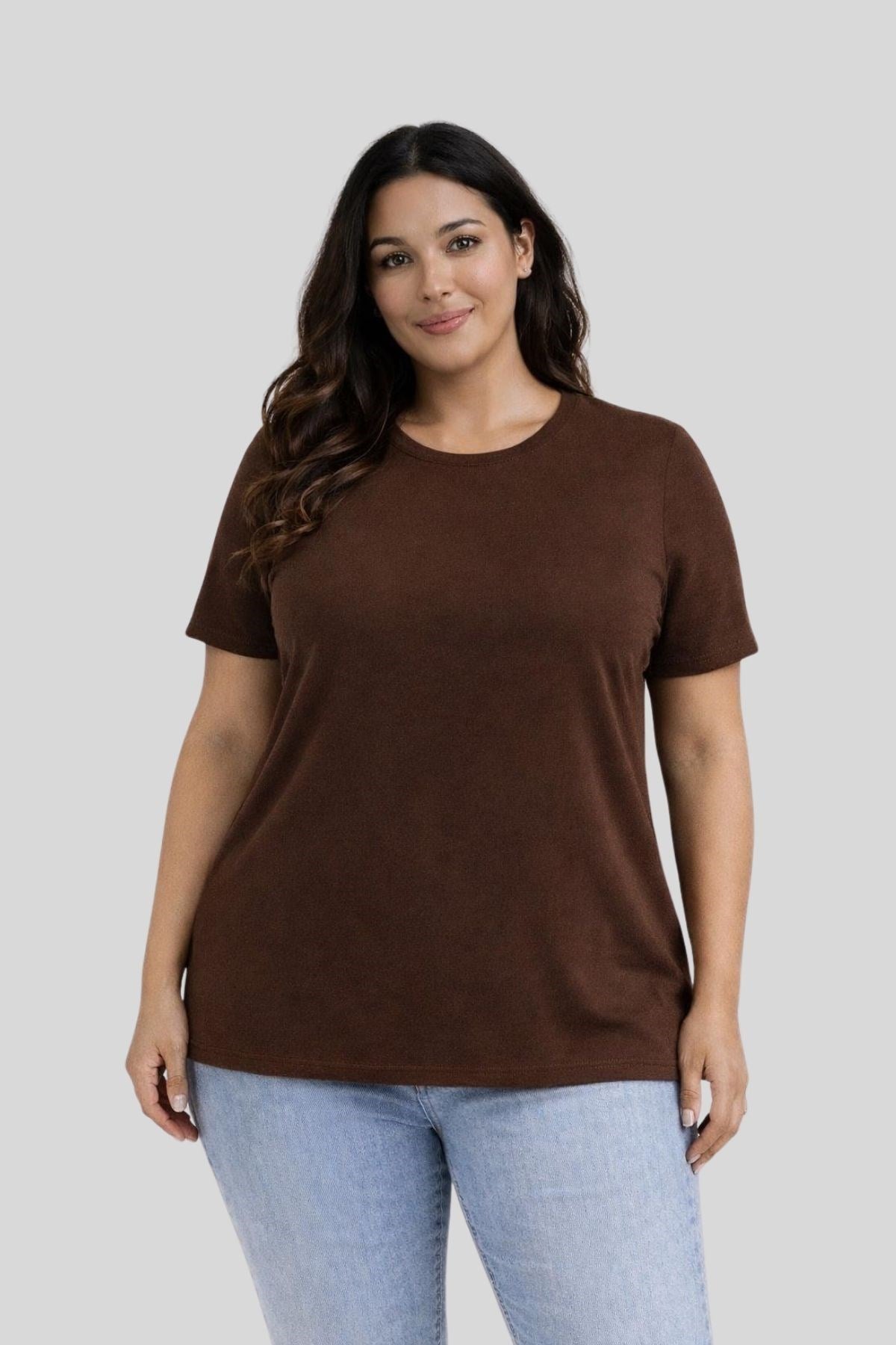 Büyük Beden Yeni Sezon Konfor Modeli  Viskon Ribana Kısa Kol Anne Tshirt-KAHVE