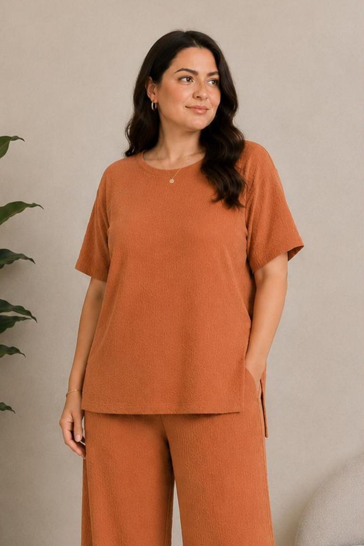 Büyük Beden Yırtmaçlı Cepli Bürümcük Kumaş Rahat Konfor İkili Takım-AÇIK KİREMİT