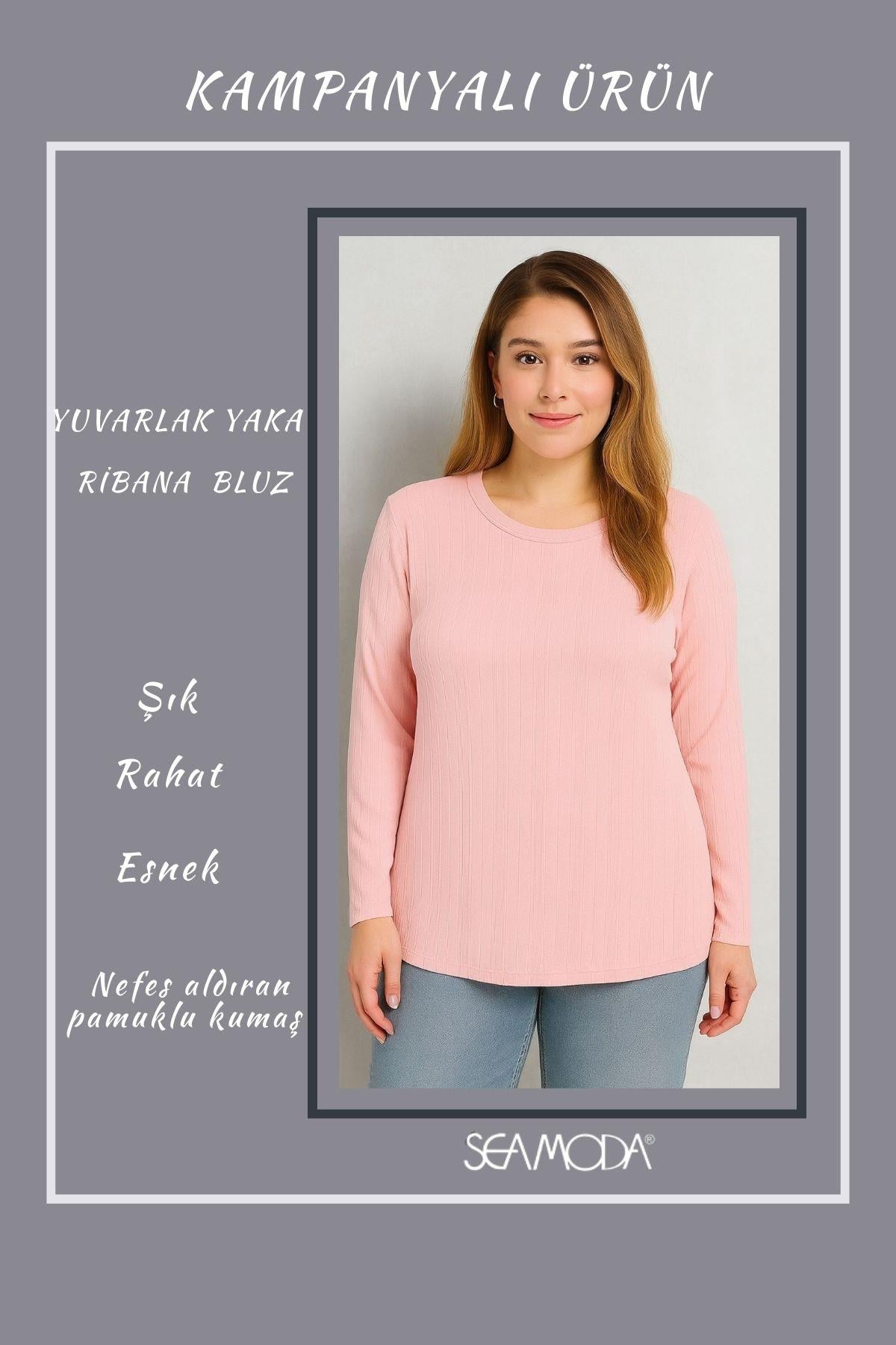 Büyük Beden Yuvarlak Yaka Uzun Kol Ribana Bluz-PEMBE