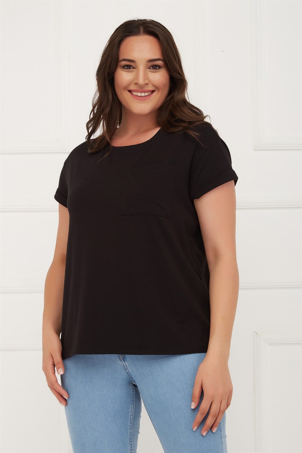 Duble kol geniş form cepli basic tshirt-SİYAH