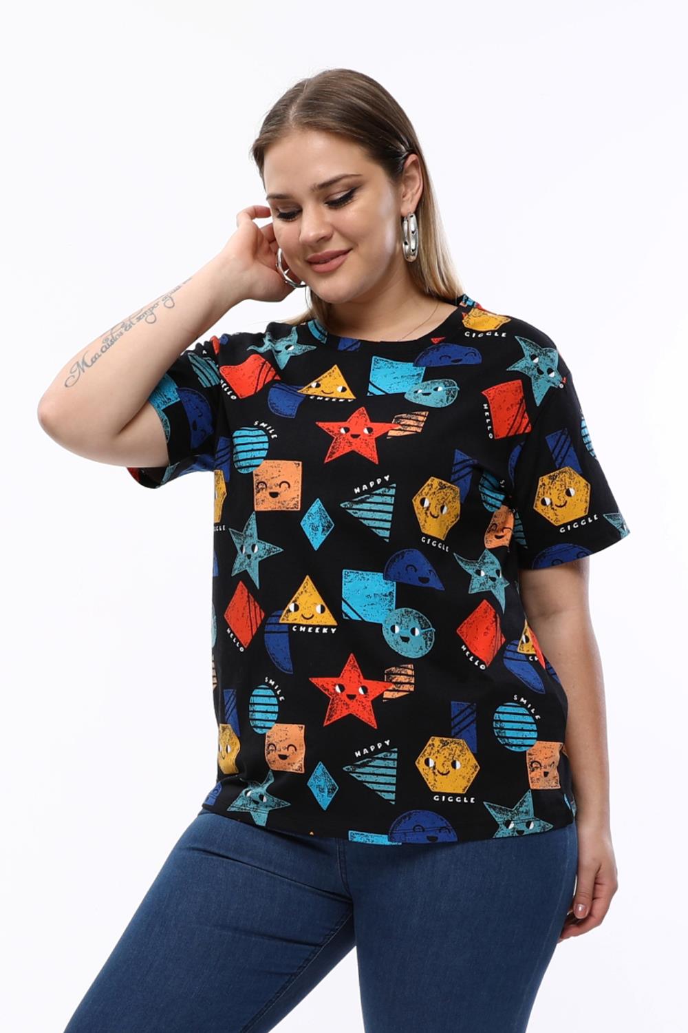 Eğlenceli Baskılı Kısa kol Büyük Beden Basic Tshirt-SİYAH