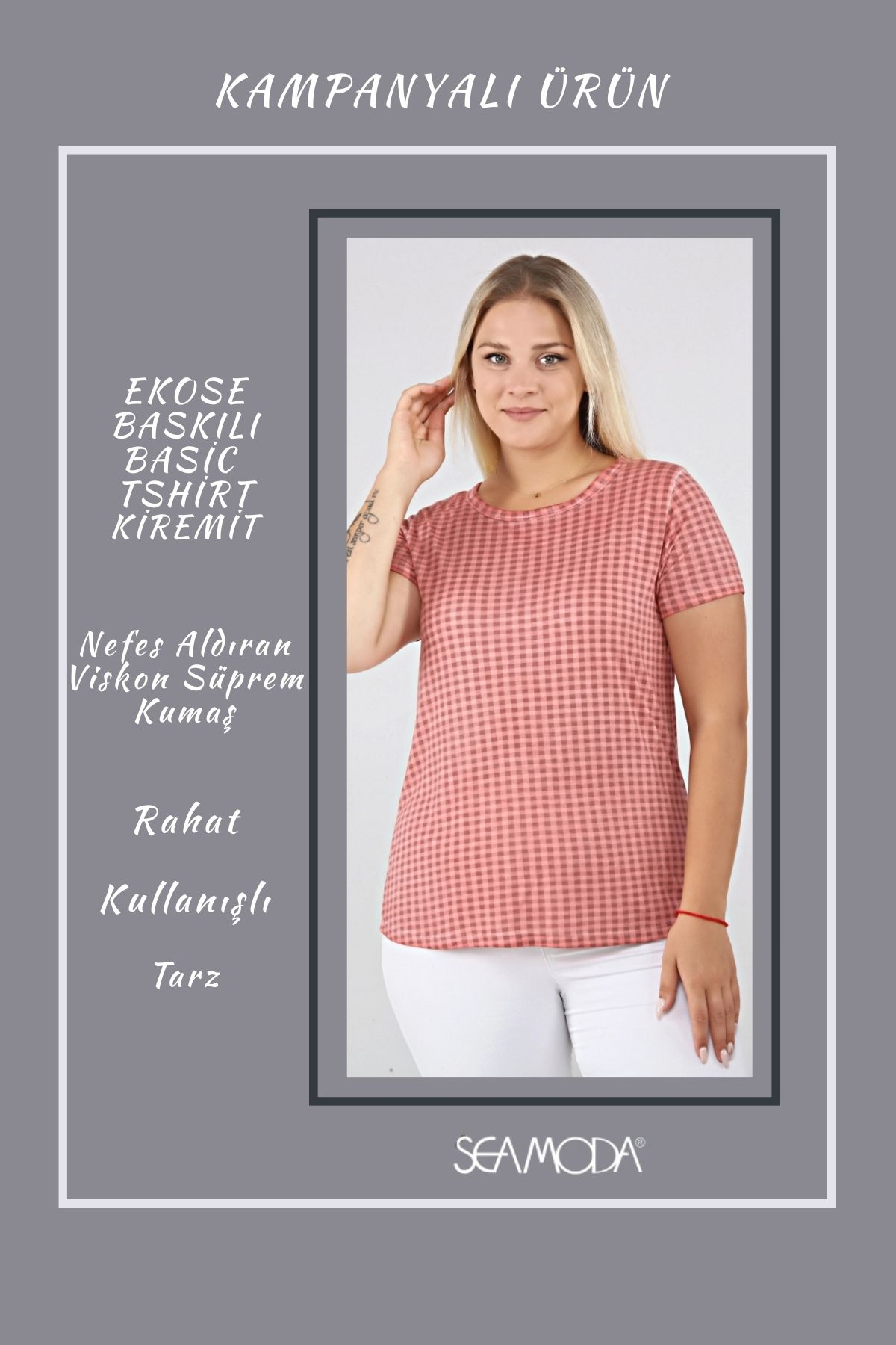 Ekose Desen Yağ Yıkama Basic Tshirt-AÇIK KİREMİT
