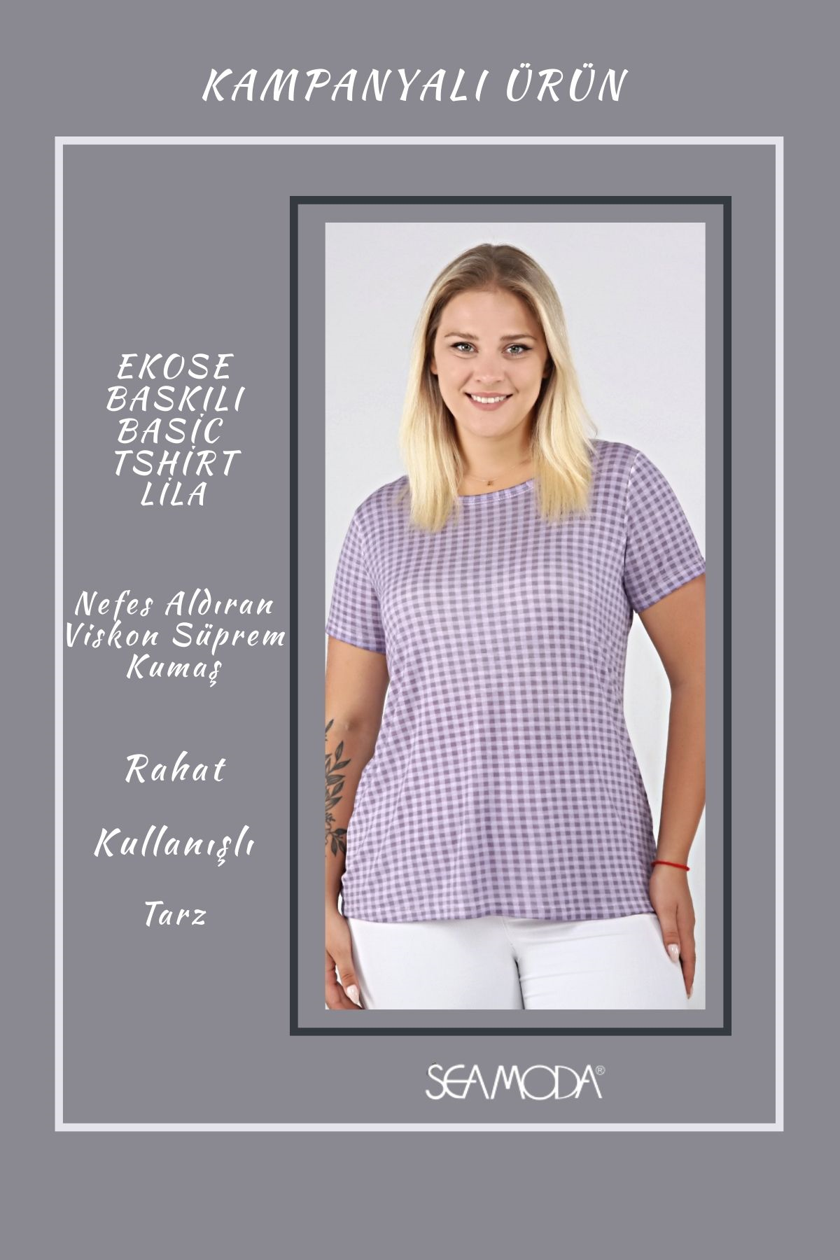 Ekose Desen Yağ Yıkama Basic Tshirt-LİLA