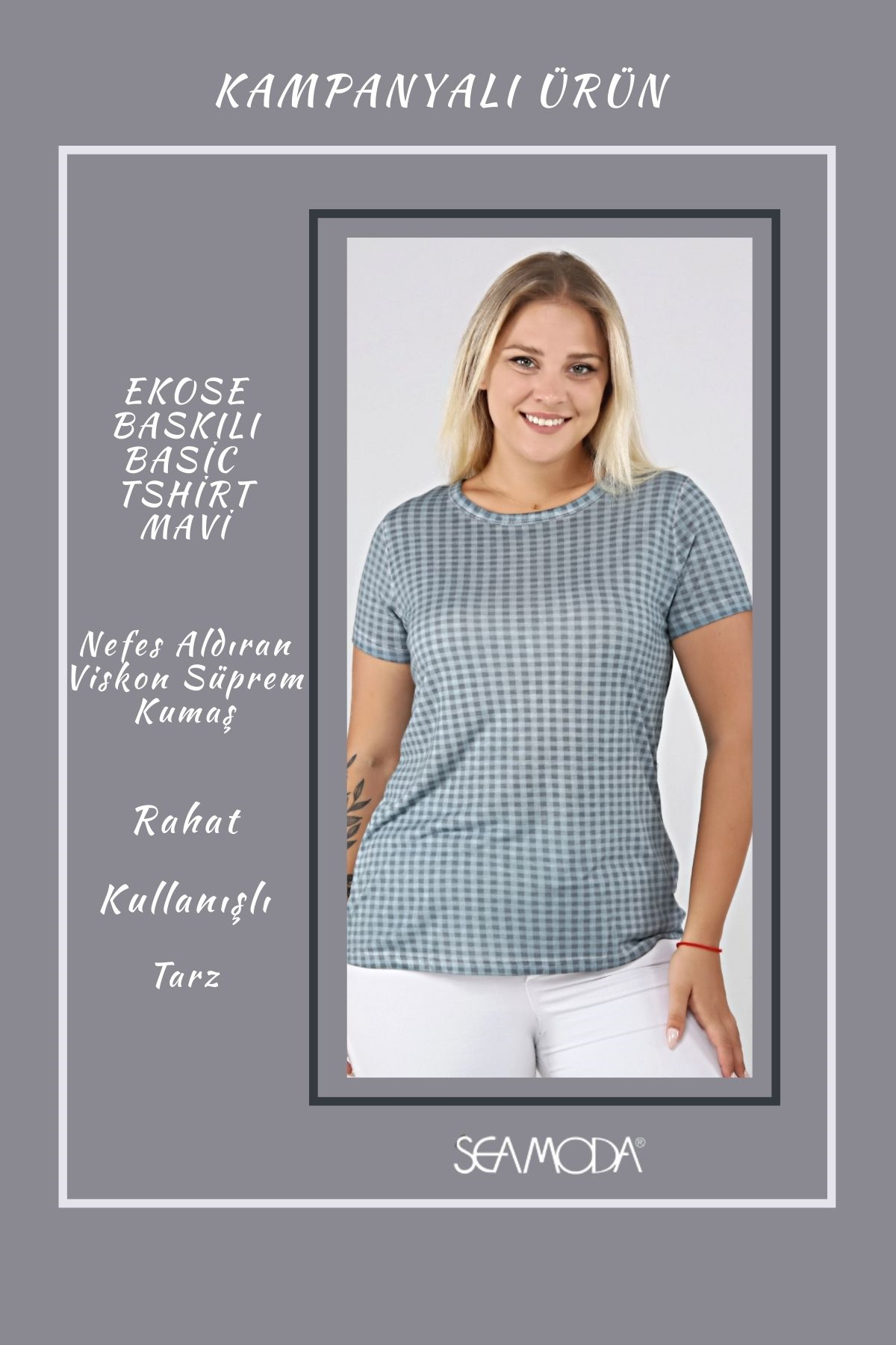 Ekose Desen Yağ Yıkama Basic Tshirt-MAVİ