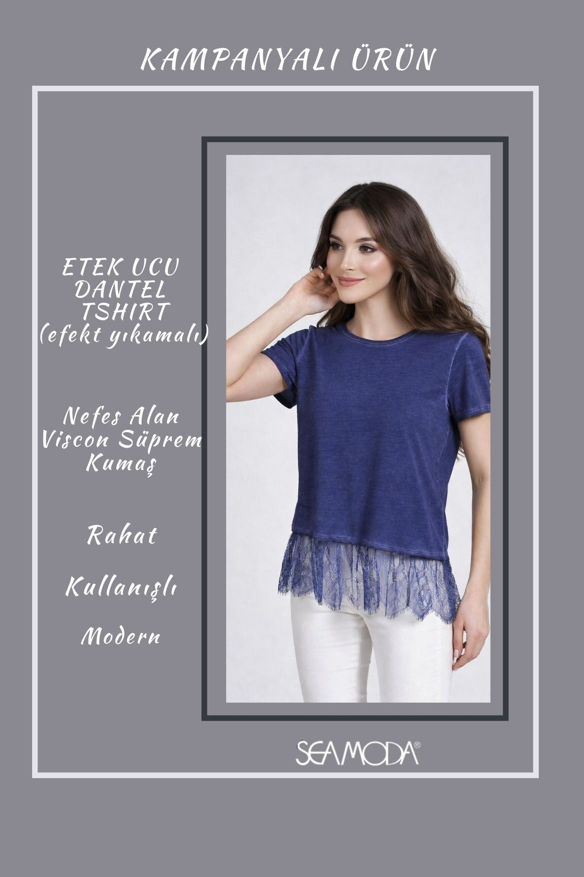 Etek Ucu Dantelli Yağ Yıkama Bluz-NAVY