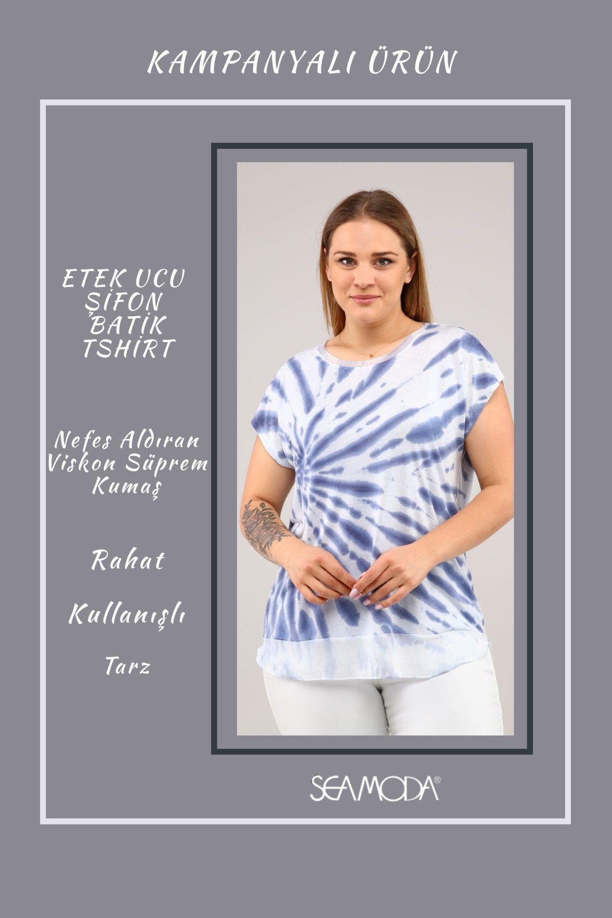 Etek Ucu Şifon Batik Tshirt-MAVİ
