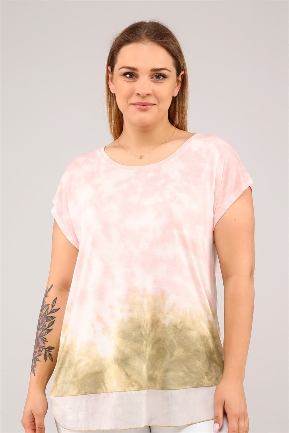 Etek Ucu Şifon Batik Tshirt-PEMBE-HARDAL