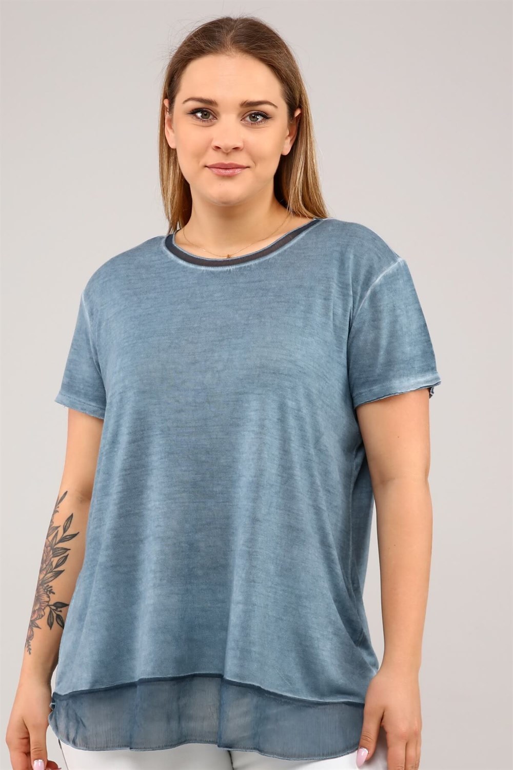 Etek Ucu Şifon Kısa Kol Tshirt-PETROL YEŞİLİ