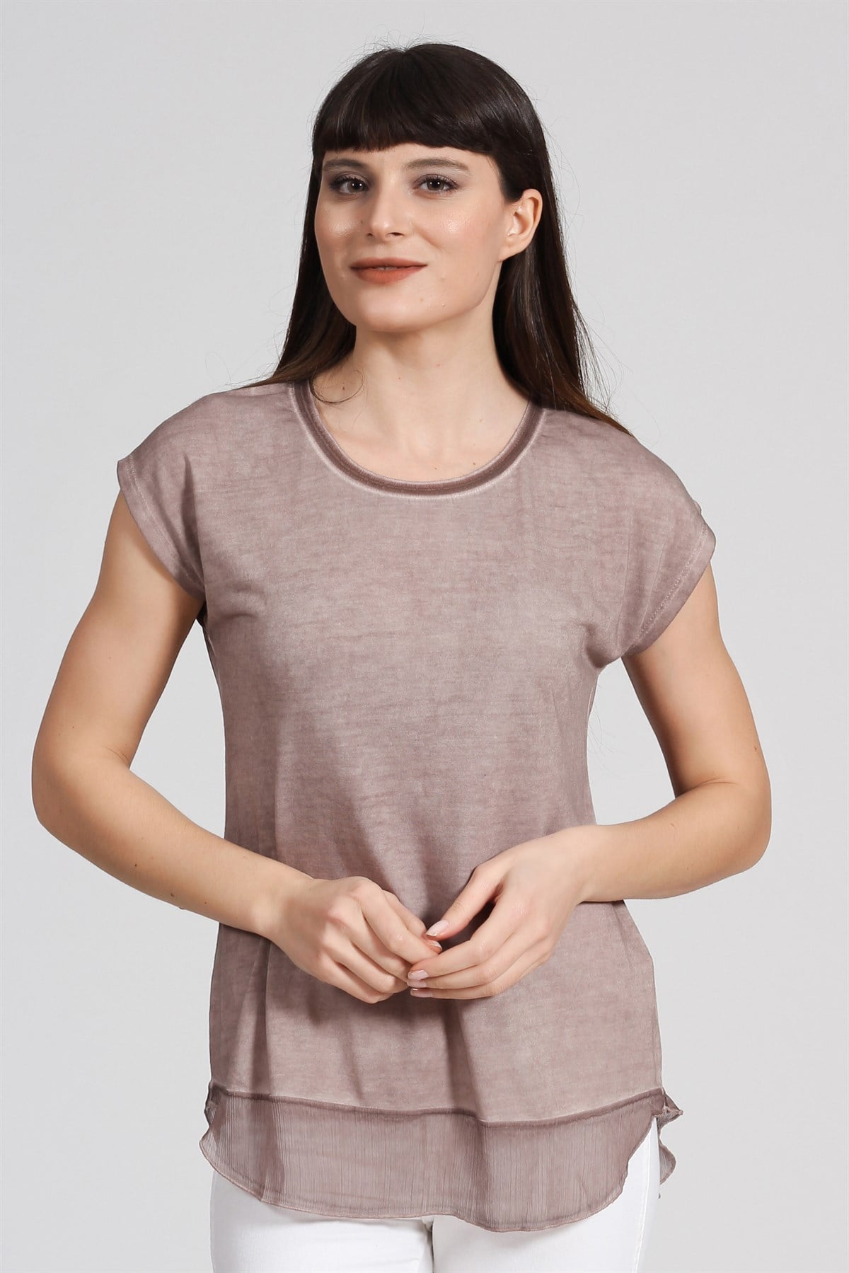 Etek Ucu Şifon Tshirt-AÇIK KAHVE