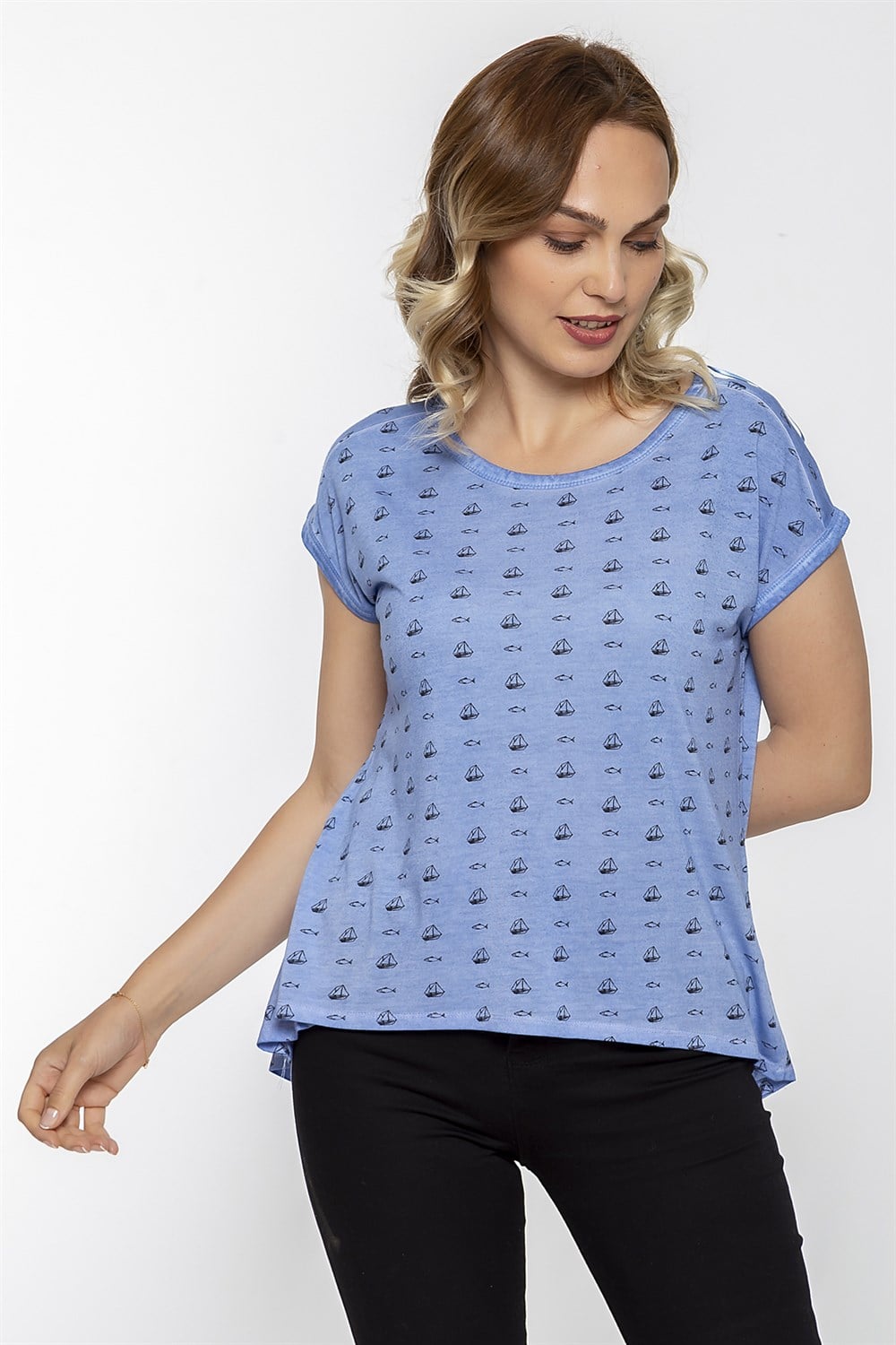 Gemi Baskılı Arkası Uzun Yağ Yıkama Tshirt-MAVİ