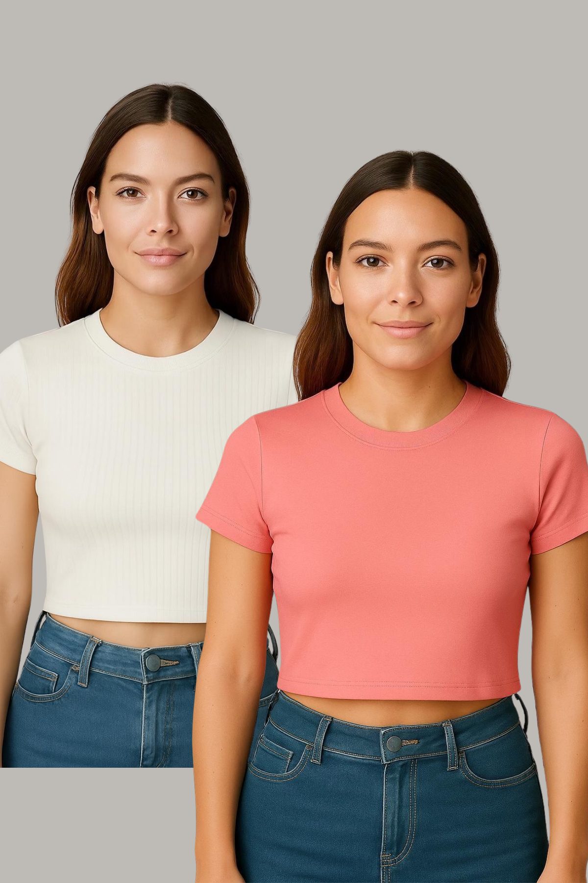 İkili Paket Bisiklet Yaka Kısa Kol Crop Ribana Tshirt SOMON-KIRIK BEYAZ