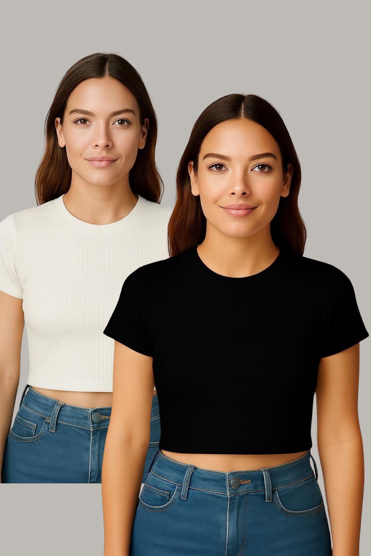 İkili Paket Bisiklet Yaka Kısa Kol Crop Ribana Tshirt SİYAH-KIRIK BEYAZ
