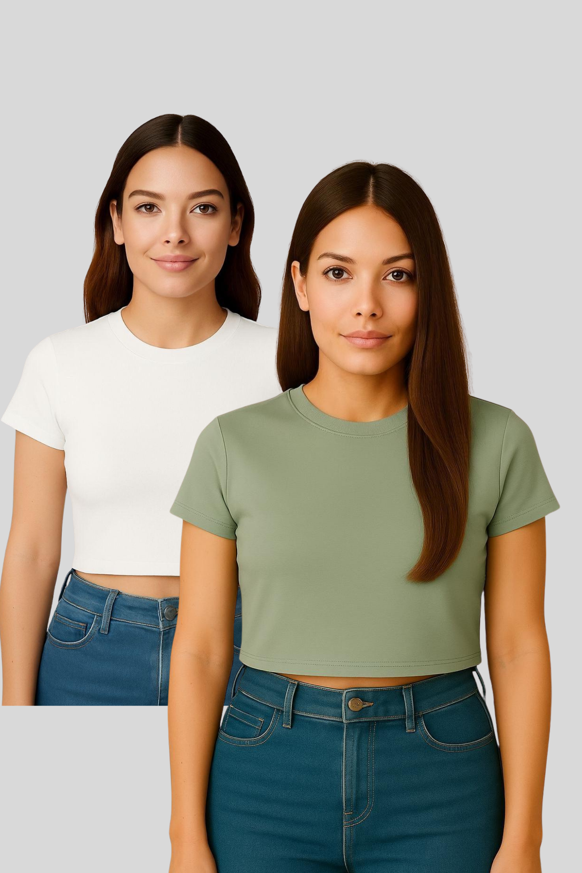 İkili Paket Bisiklet Yaka Kısa Kol Crop Ribana Tshirt NİL YEŞİLİ-KIRIK BEYAZ