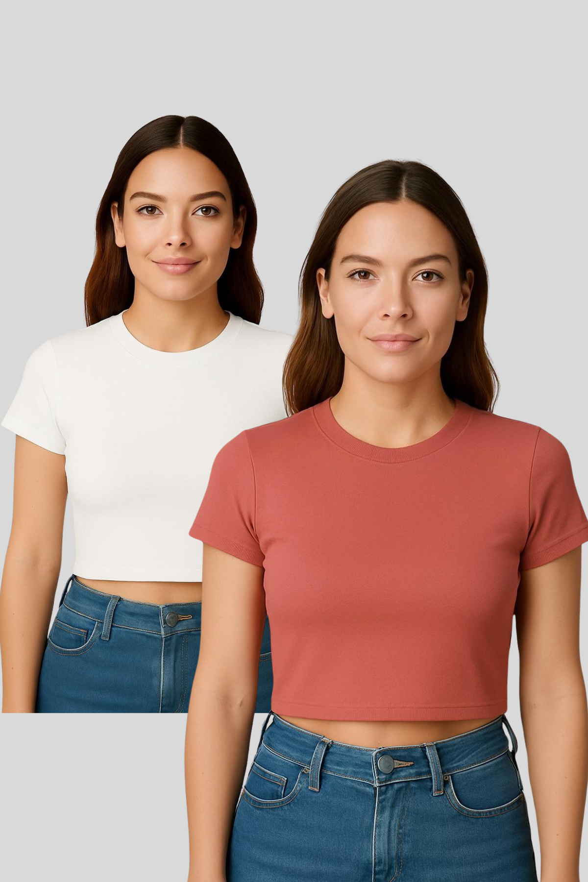 İkili Paket Bisiklet Yaka Kısa Kol Crop Ribana Tshirt KİREMİT-KIRIK BEYAZ