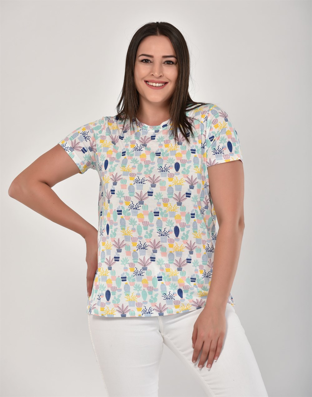 Kaktüs Baskılı Basıc T-Shirt EKRU 