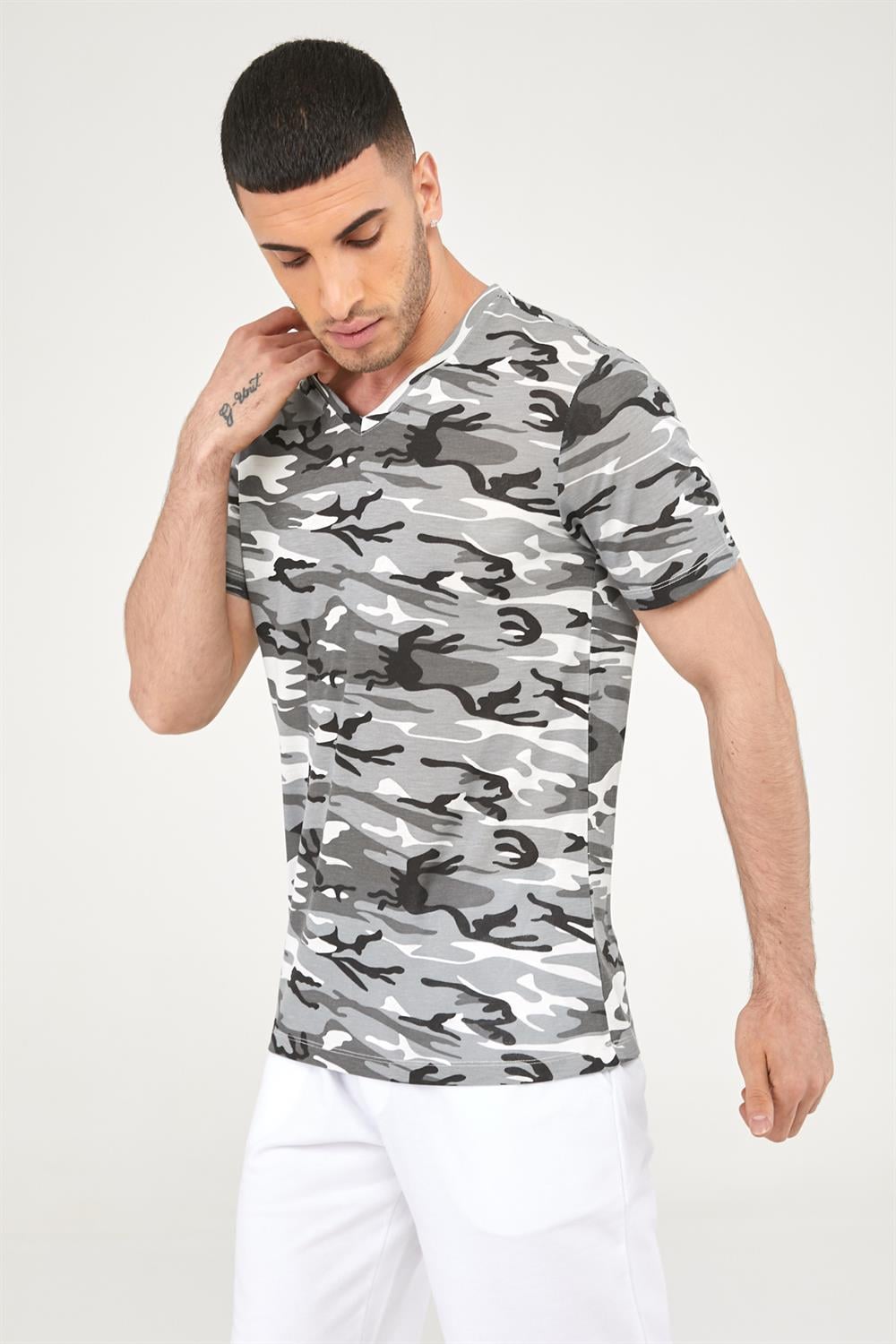 Kamuflaj Desen V Yaka Uzun Boy  Erkek Tshirt-GRİ