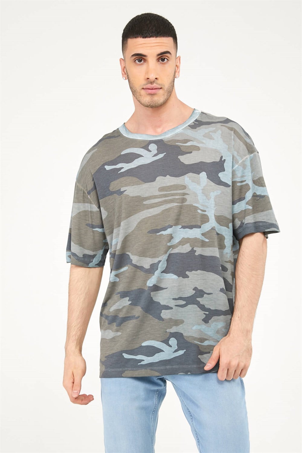 Kamuflaj Desen Yağ Yıkama Oversize Uzun Boy Erkek Tshirt-AÇIK MAVİ