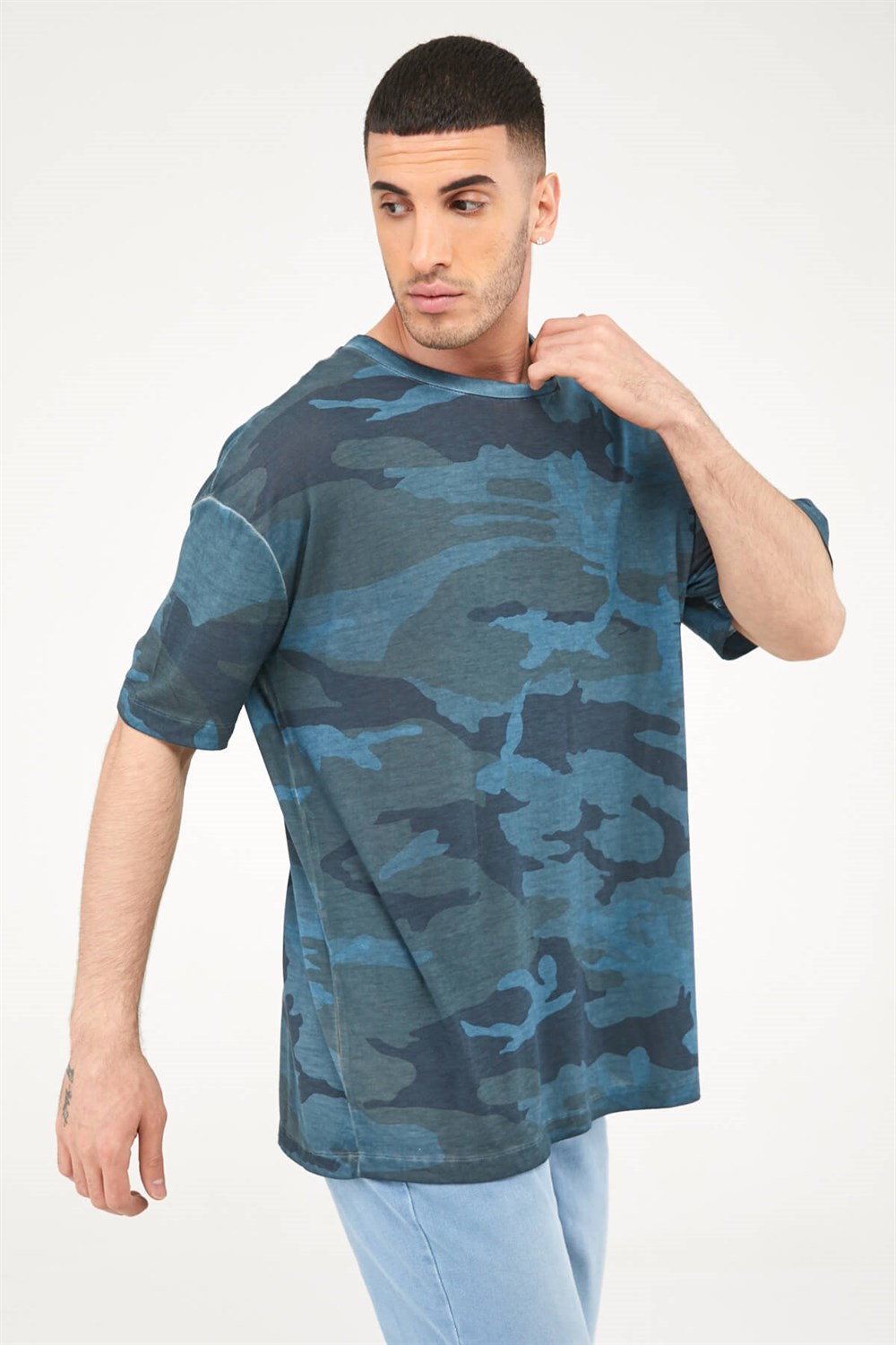 Kamuflaj Desen Yağ Yıkama Oversize Uzun Boy Erkek Tshirt-PETROL MAVİSİ