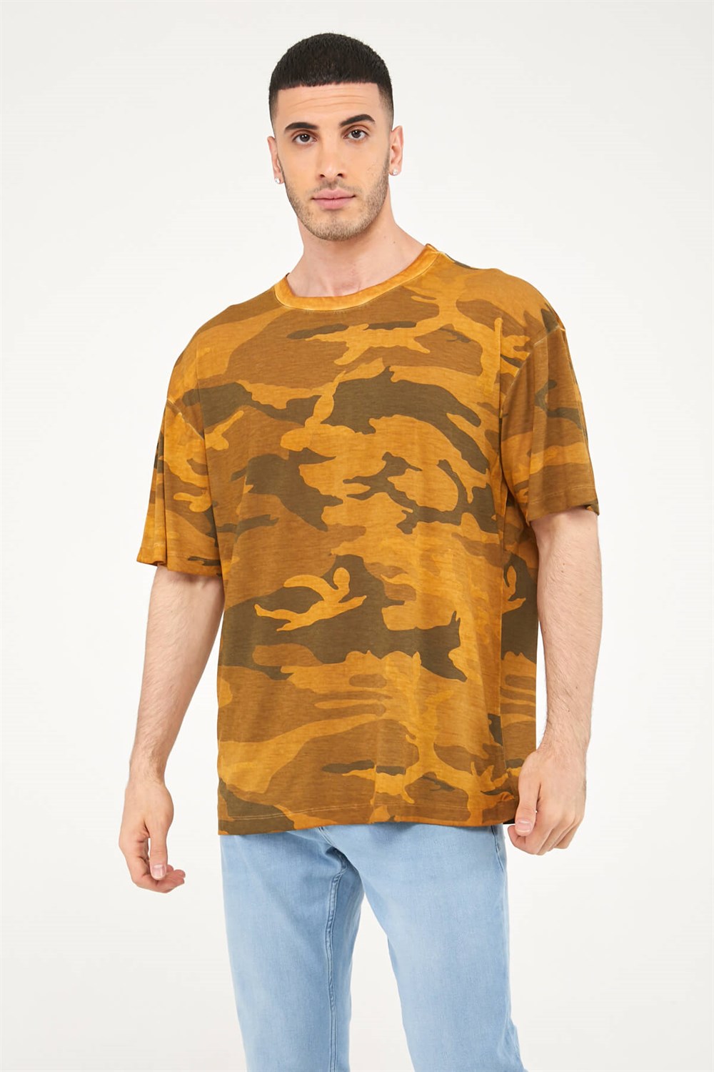 Kamuflaj Desen Yağ Yıkama Oversize Uzun Boy Erkek Tshirt-HARDAL