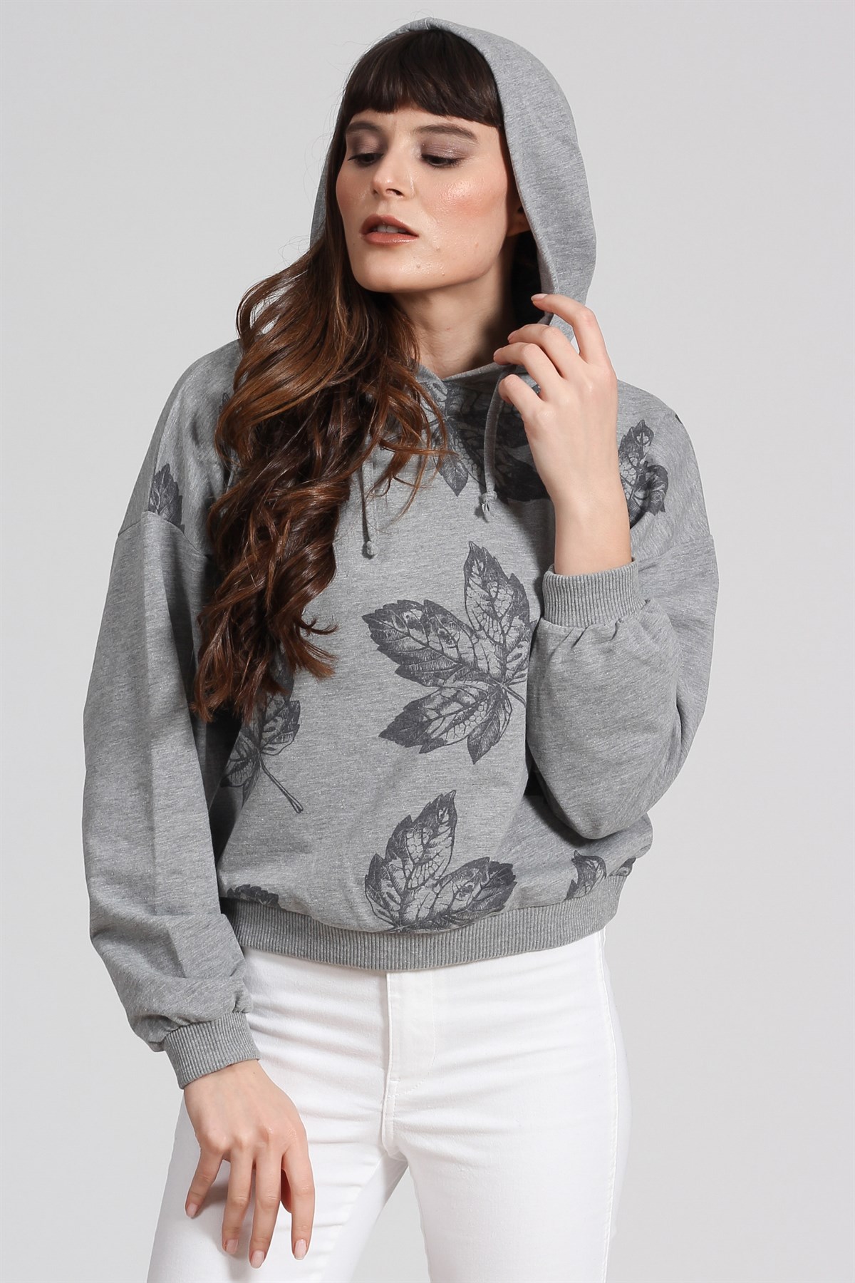 Kapşonlu Baskılı Sweat-GRİ