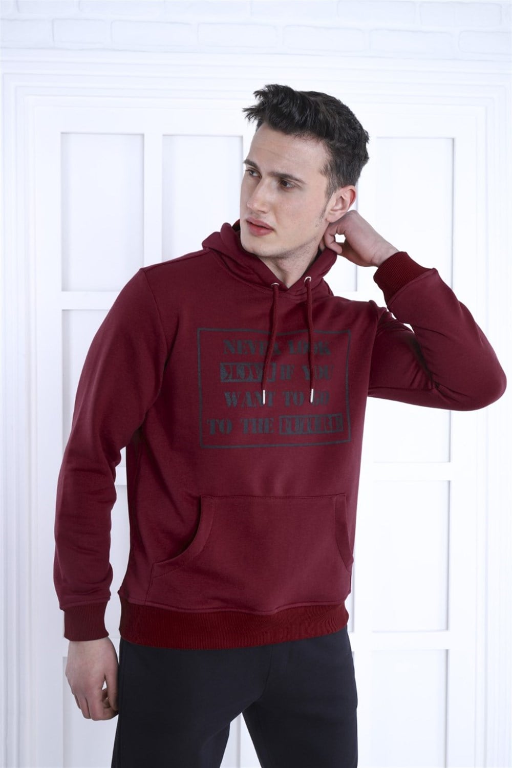 Kapüşonlu Yazı Baskılı Erkek Sweat-BORDO