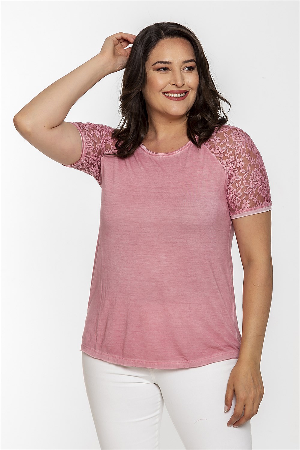 Kolu Dantelli Yağ Yıkama Kısa Kollu Tshirt- PEMBE