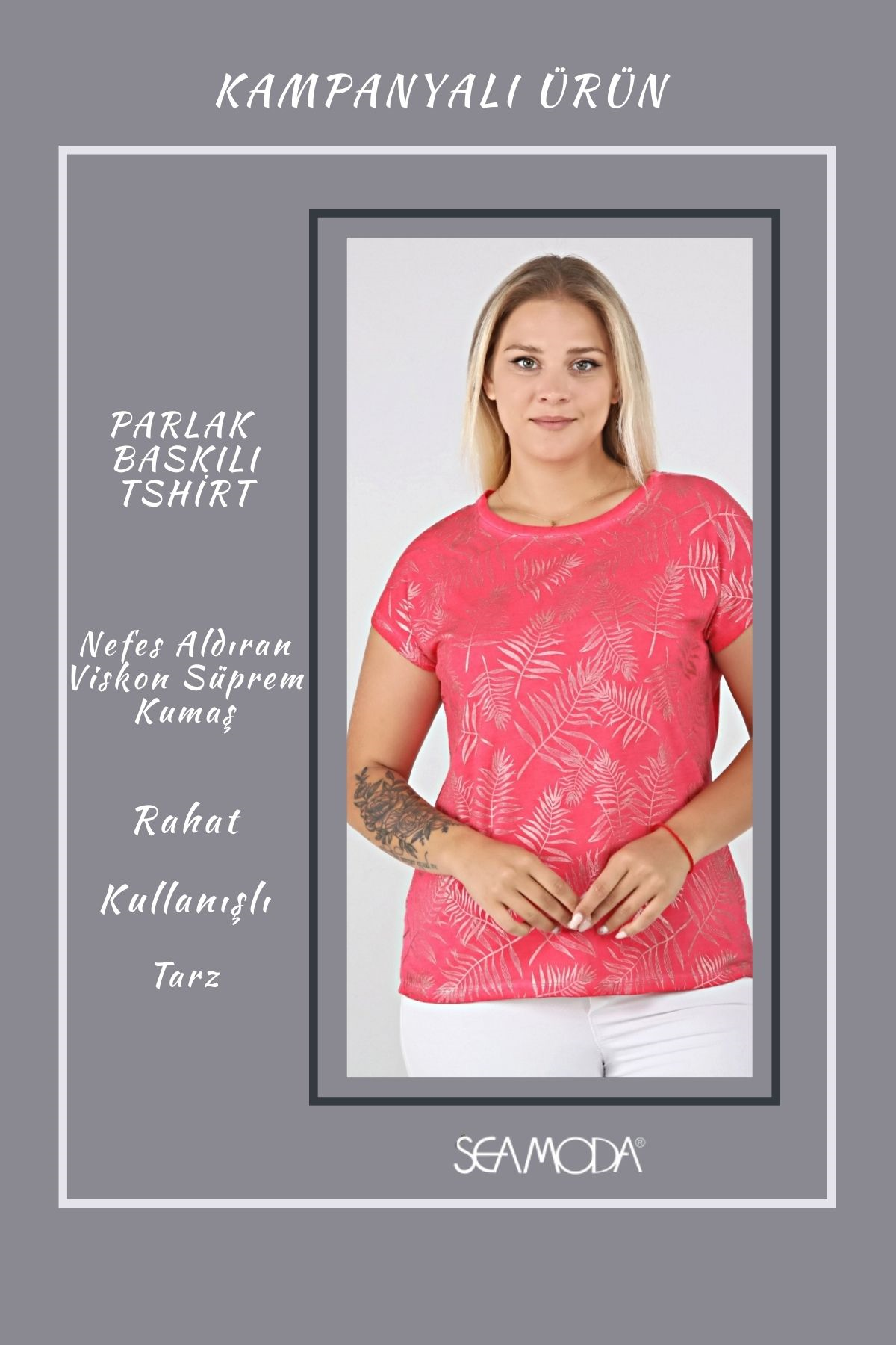 Parlak Yaprak Baskılı Tshirt-FUSYA