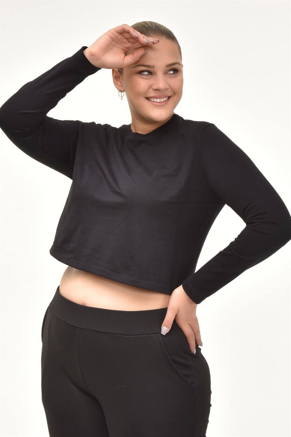 Uzun Kol Basic Crop Tshirt-SİYAH