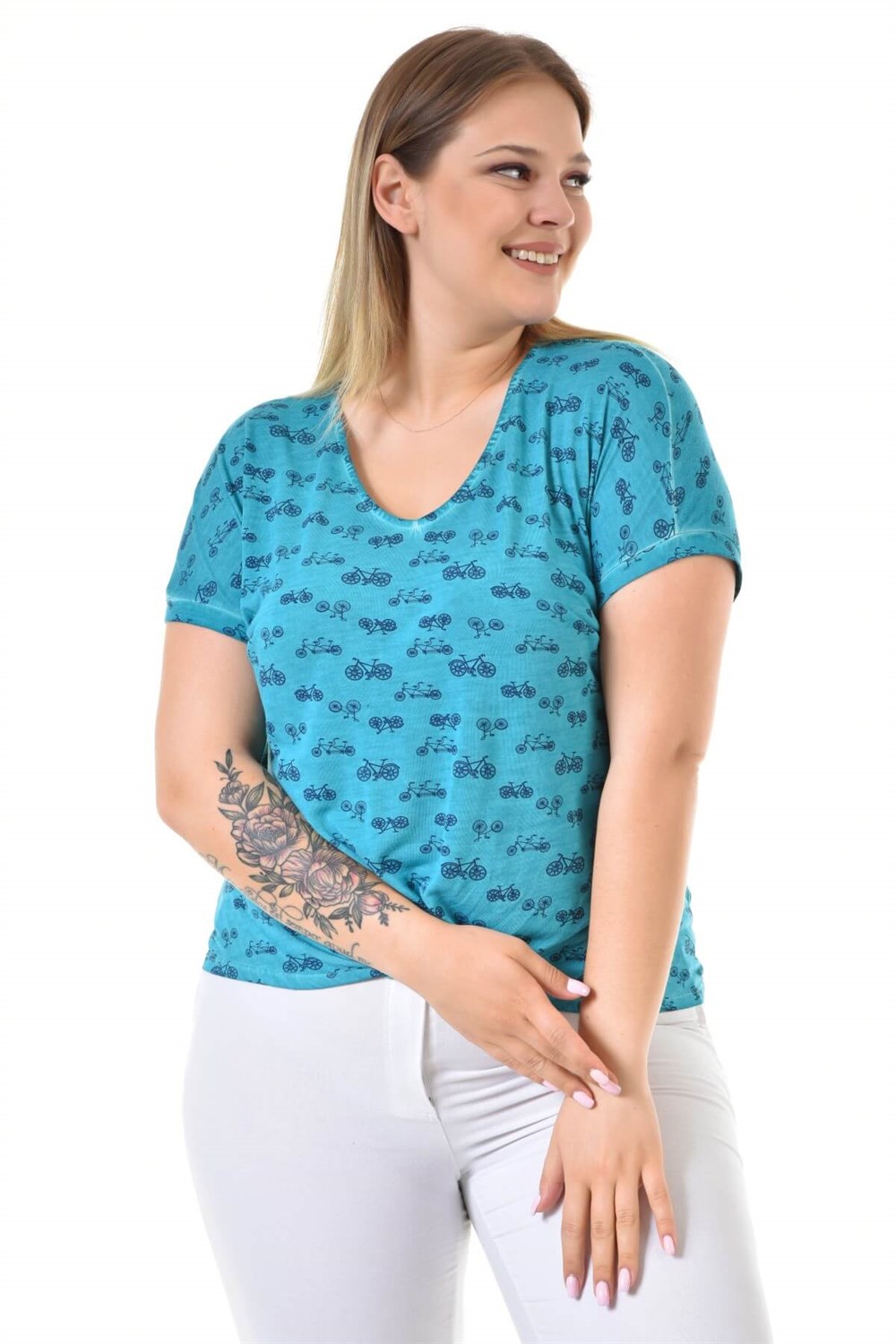 V Yaka Bisiklet Baskılı Önü Düğümlü Yağ Yıkama Tshirt-TURKUAZ