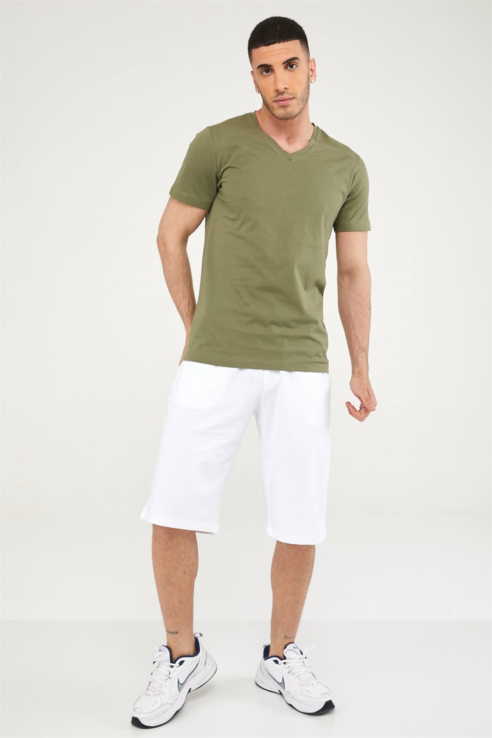 V Yaka Erkek Basic Tshirt-HAKİ