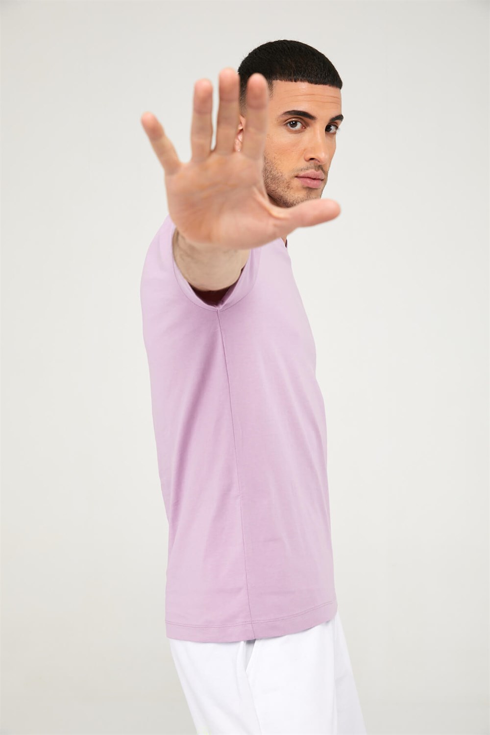 V Yaka Erkek Basic Tshirt-LİLA