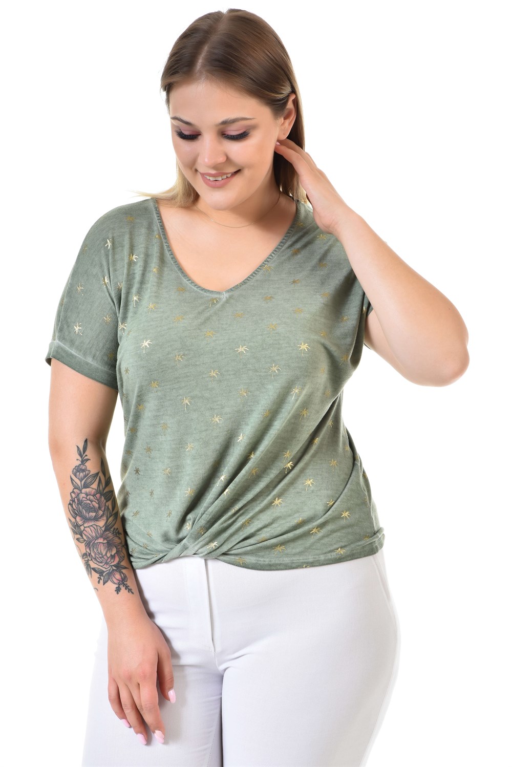 V Yaka Palmiye Baskılı Önü Düğümlü Yağ Yıkama Tshirt-YEŞİL