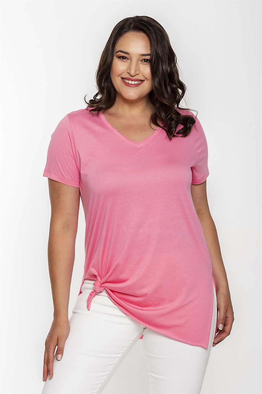 V Yaka Yırtmaçlı Basic Tshirt-PEMBE