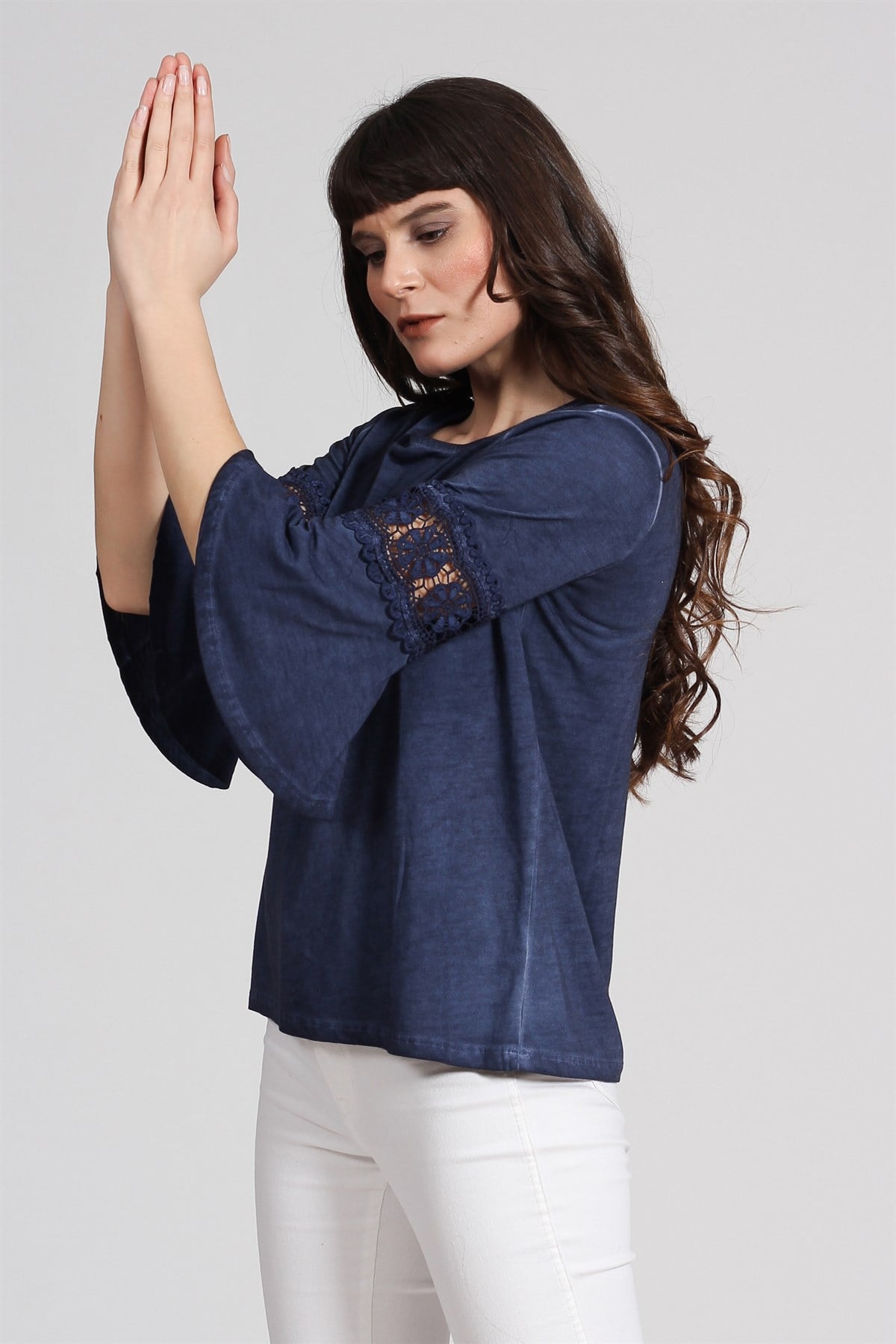 Volan Kol Dantelli Bluz-LACİVERT