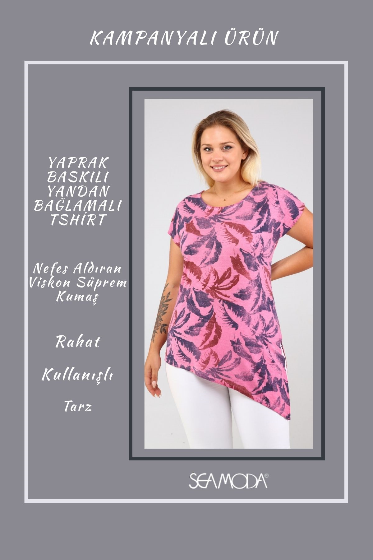 Yaprak Desenli Yandan Bağlamalı Yağ Yıkamalı Tunik-PEMBE