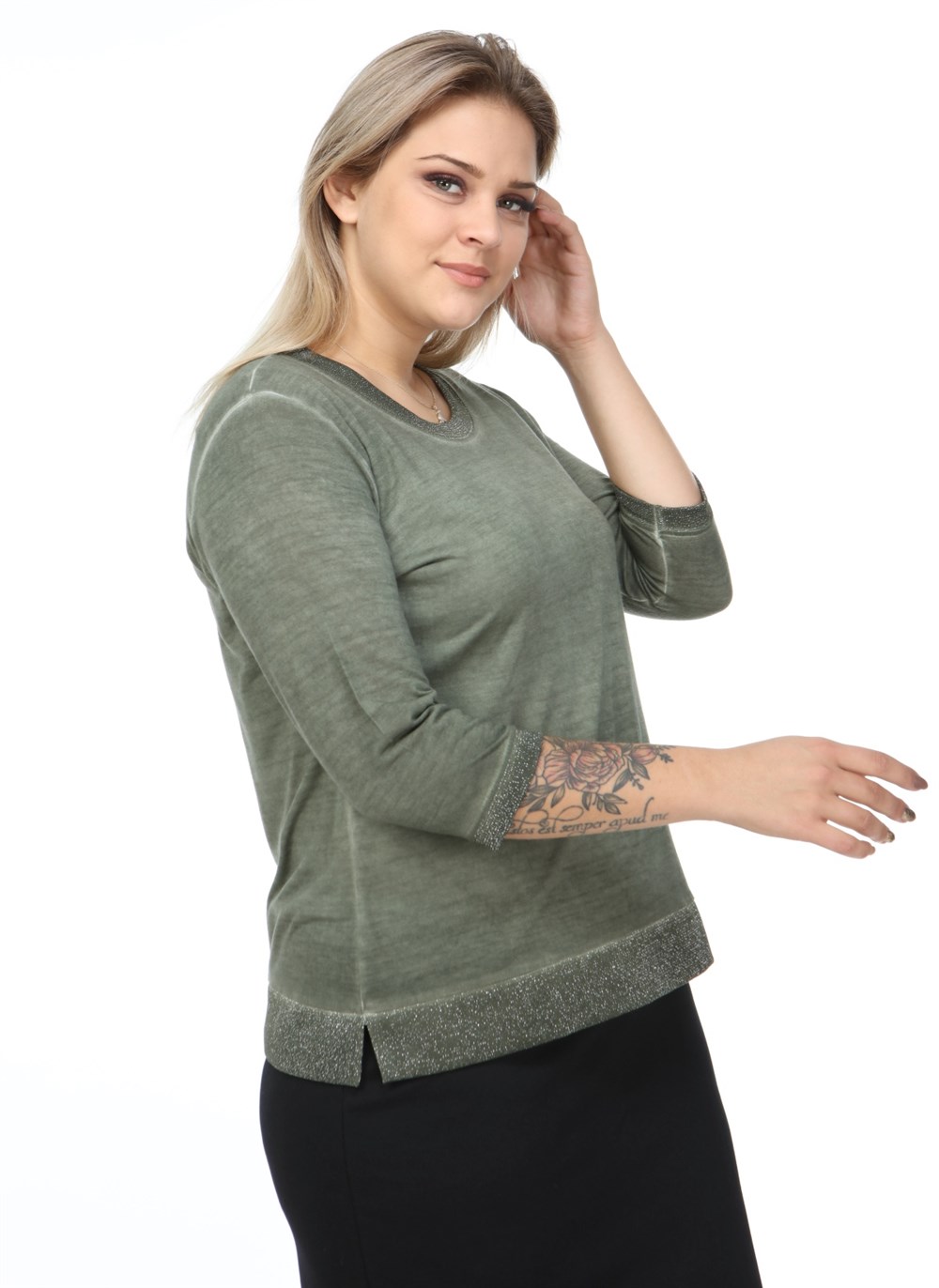 Yuvarlak Yaka 3/4 Kol Sim Detaylı Bluz-YEŞİL