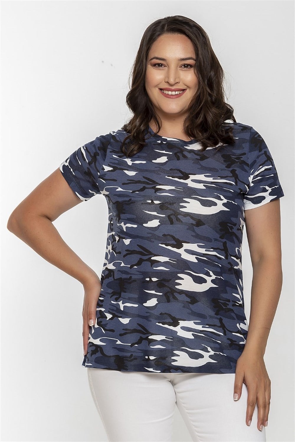 Yuvarlak Yaka Kamuflaj Desen Basic Tshirt-MAVİ