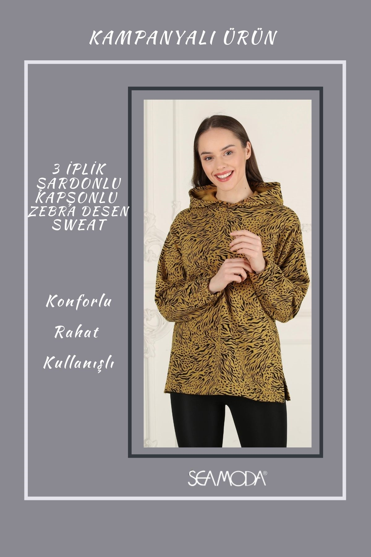 Zebra Desen Kapşonlu Yırtmaçlı Ribana Sweat-HARDAL