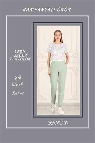 Beli Lastikli Cepli Krep Skuba Havuç Kesim Pantalon-YEŞİL
