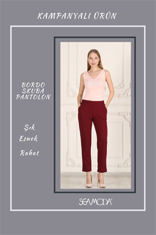Beli Lastikli Cepli Krep Skuba Havuç Kesim Pantalon-BORDO