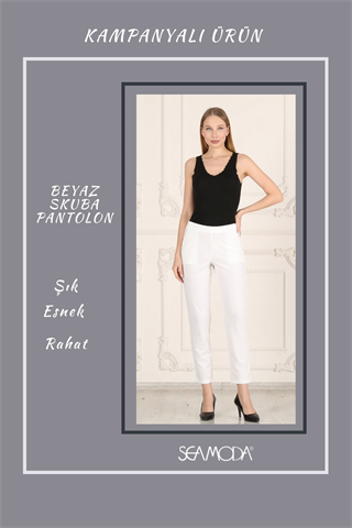 Beli Lastikli Cepli Krep Skuba Havuç Kesim Pantalon-BEYAZ