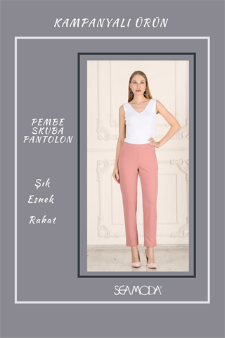 Beli Lastikli Cepli Krep Skuba Havuç Kesim Pantalon-PEMBE