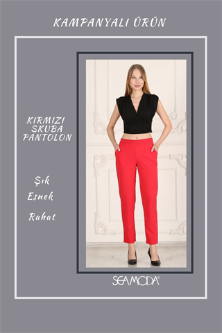 Beli Lastikli Cepli Krep Skuba Havuç Kesim Pantalon-KIRMIZI