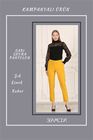 Beli Lastikli Cepli Krep Skuba Havuç Kesim Pantalon-SARI