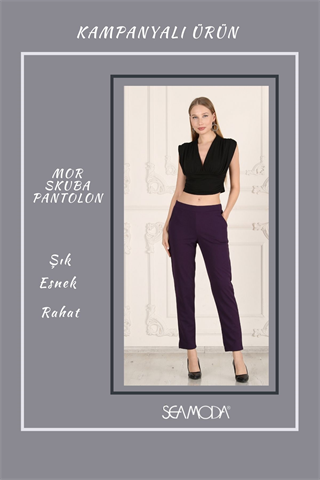Beli Lastikli Cepli Krep Skuba Havuç Kesim Pantalon-MOR