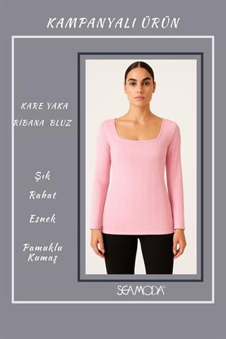 Büyük Beden Kare Yaka Uzun Kol Ribana Bluz-PEMBE