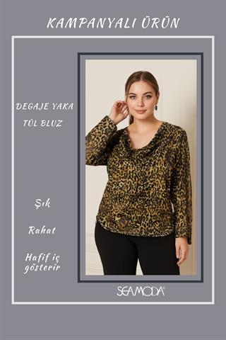 Büyük Beden Leopar Desen Degaje Yaka Transparan Bluz-KAHVE
